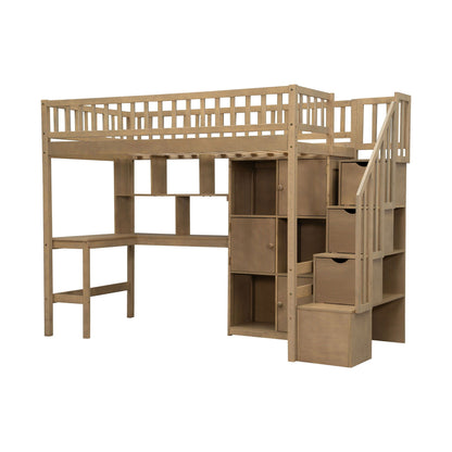 Loft bed with built-in L-shaped desk and stairs in natural wood by HouseOfZazla on Tampa Home & Garden Store