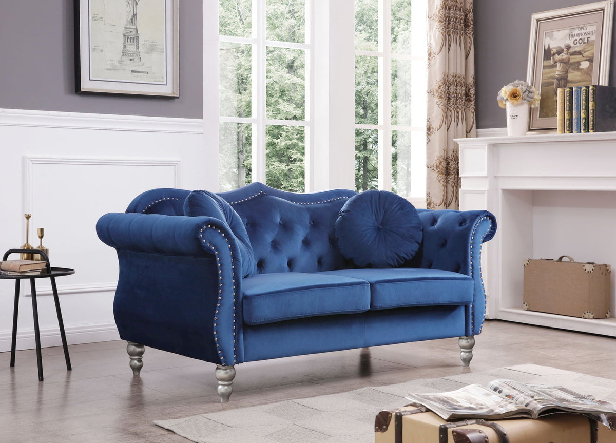 Stylish flared-arm loveseat in blue velvet with nailhead trim by HouseOfZazla on Tampa Home & Garden Store