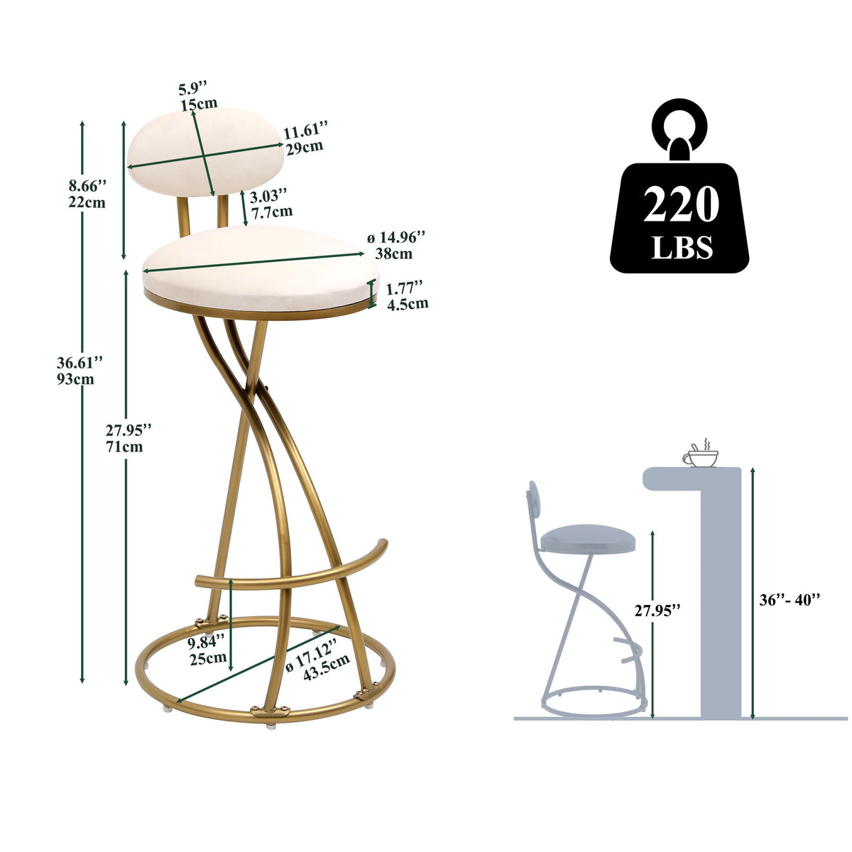 Bar stools set of 2, upholstered beige counter seats with gold metal legs and footrests on Tampa Home & Garden Store