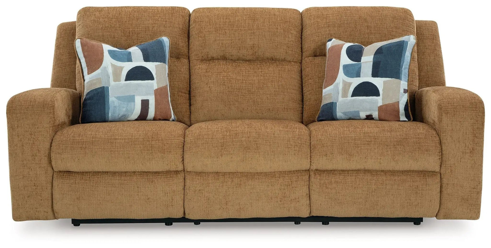 Kanlow Reclining Sofa tan textured fabric with two pillows by Unique Piece Furniture on Tampa Home & Garden Store