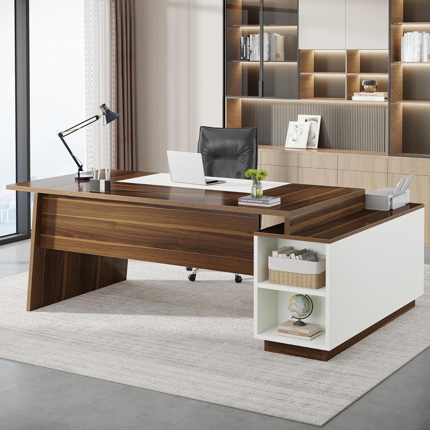 L-Shaped executive desk in walnut and white with storage cabinet and shelves by HouseOfZazla on Tampa Home & Garden Store