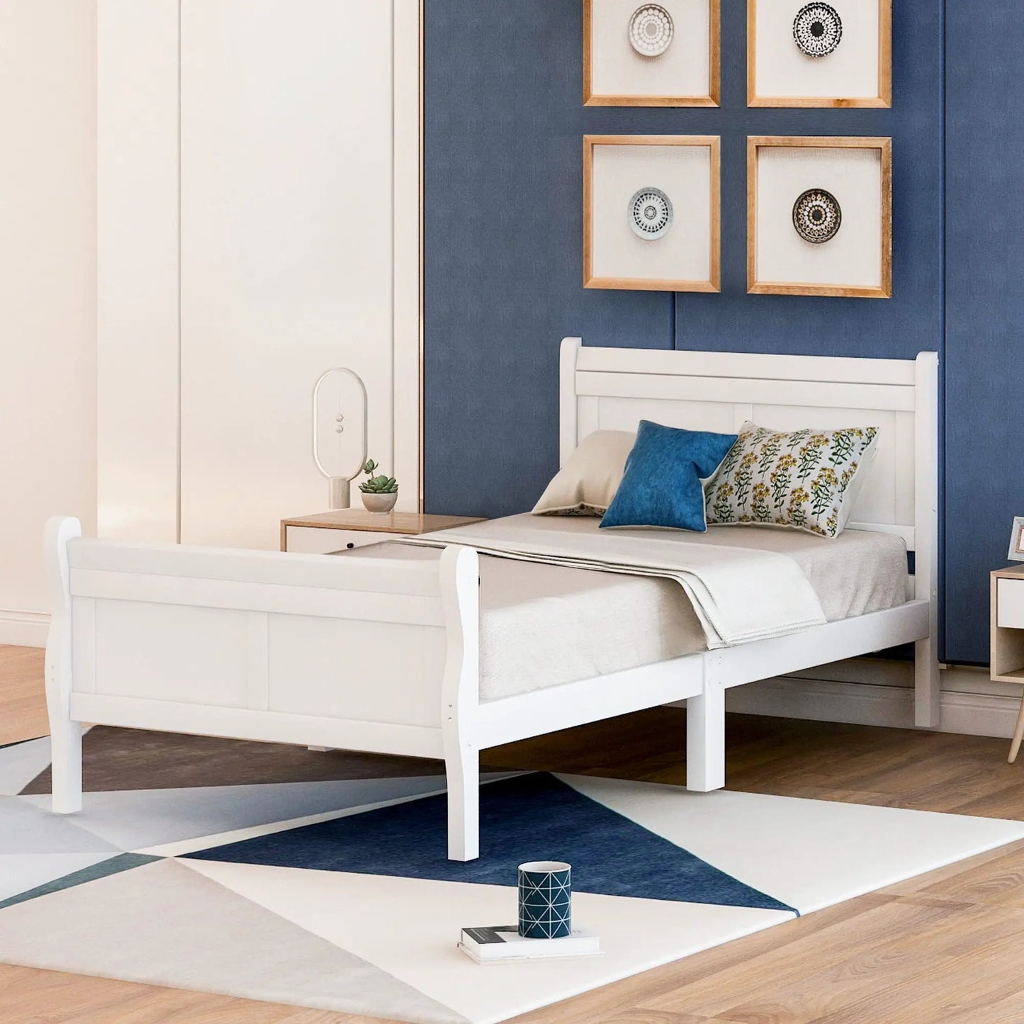 Pair of white twin platform bed frames with sleigh headboards and footboards, wood slat support on Tampa Home & Garden Store