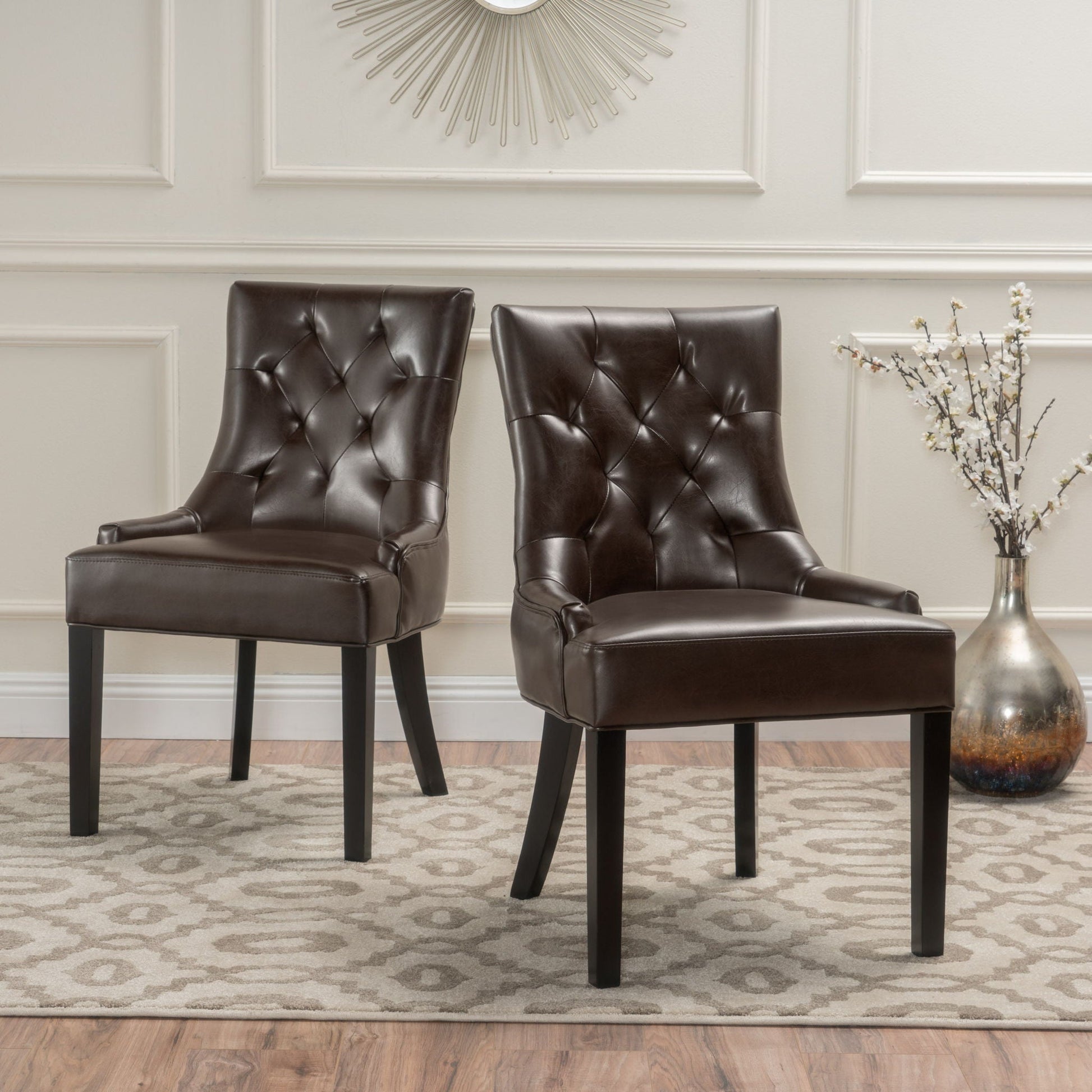 Contemporary Cheney Dining Chair Set with Tufted Design in dark brown leather, 2 chairs on Tampa Home & Garden Store