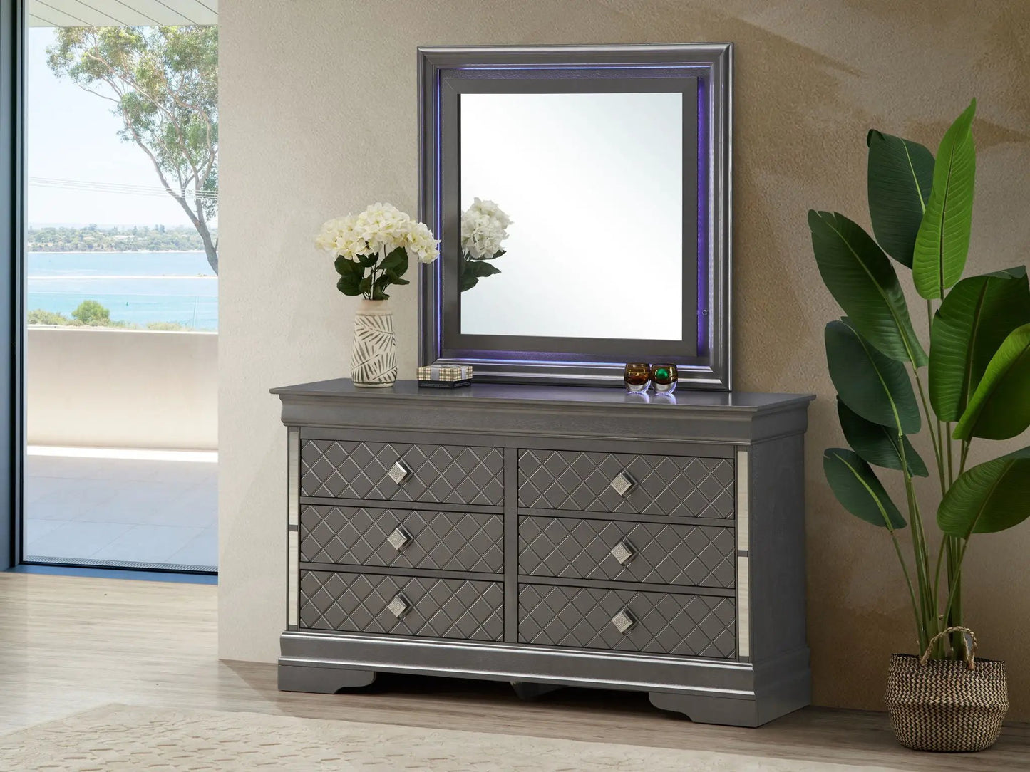 Verona Dresser by Unique Piece Furniture diamond mirrored drawers and metallic frame mirror on Tampa Home & Garden Store