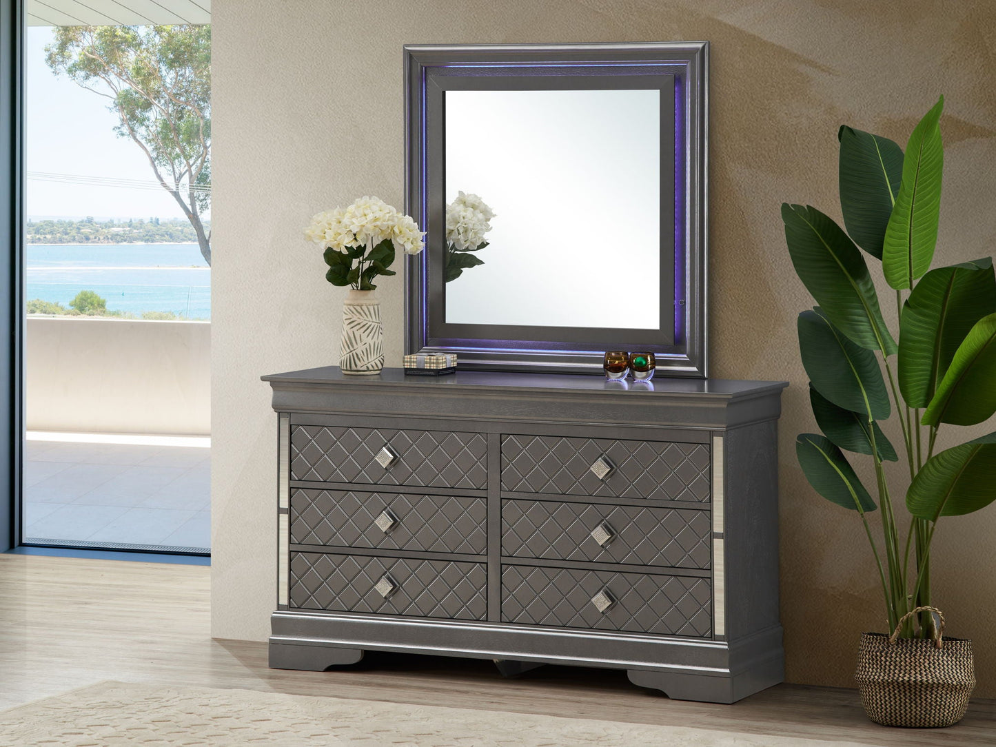 Verona Dresser with Embossed X Design Crystals in dark metallic gray; diamond-grid fronts on Tampa Home & Garden Store