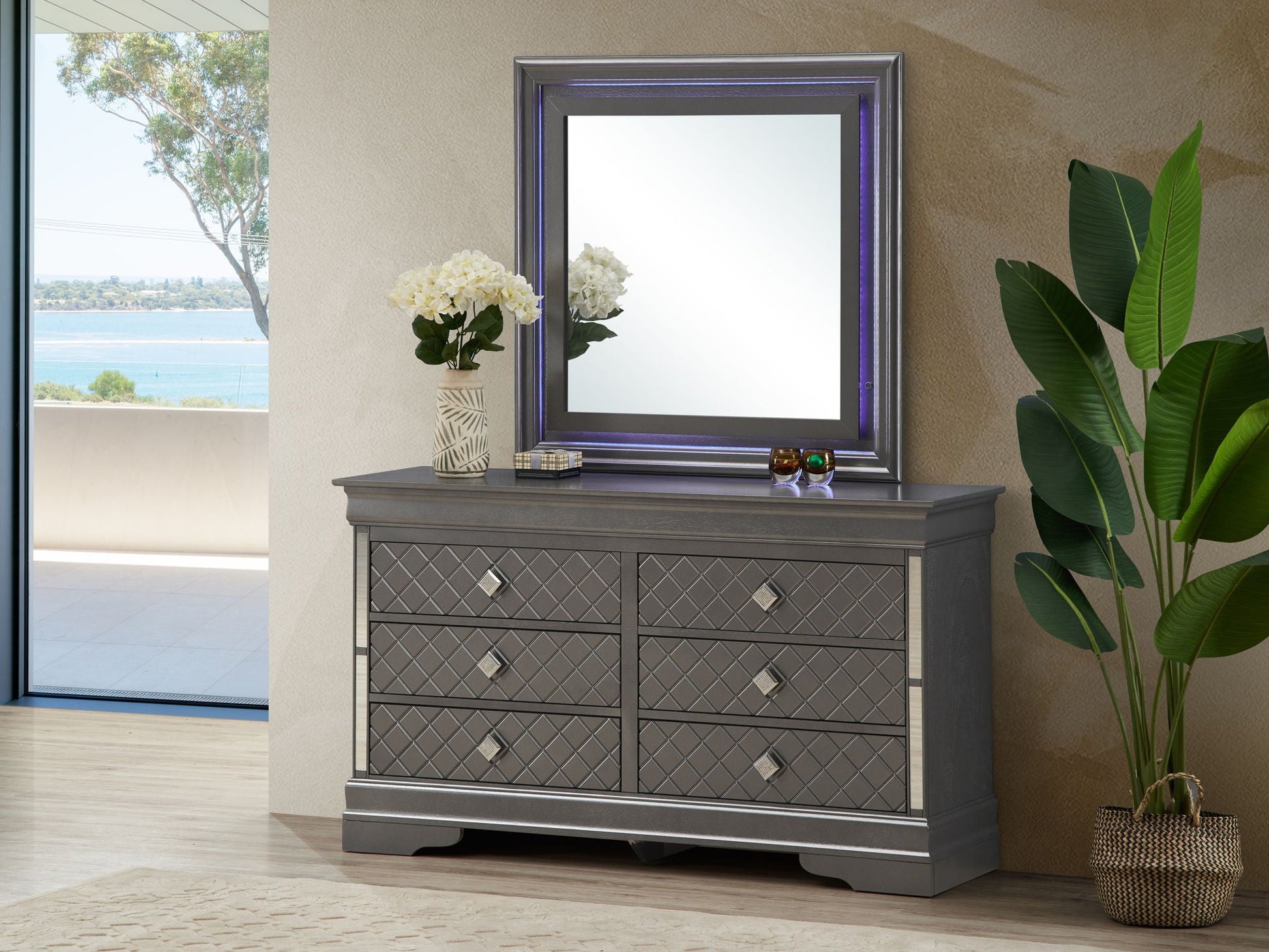 Verona Dresser with Embossed X Design Crystals in dark metallic gray; diamond-grid fronts on Tampa Home & Garden Store