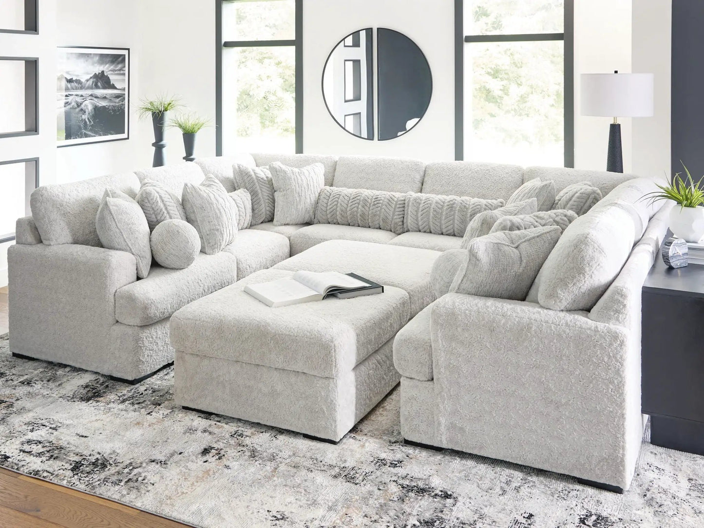 Cuddle Plush Sectional sofa in light gray plush fabric with cushions Unique Piece Furniture on Tampa Home & Garden Store