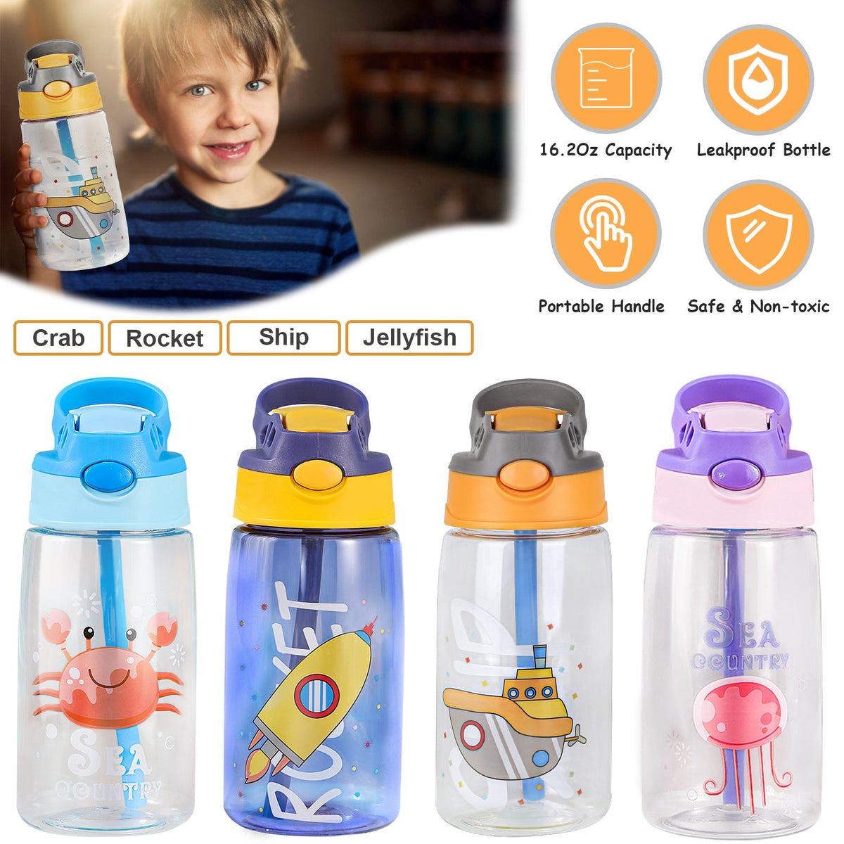 GemGear 16.2oz leak-proof kids water bottle 4-pack with straw crab rocket ship jellyfish designs on Tampa Home & Garden Store