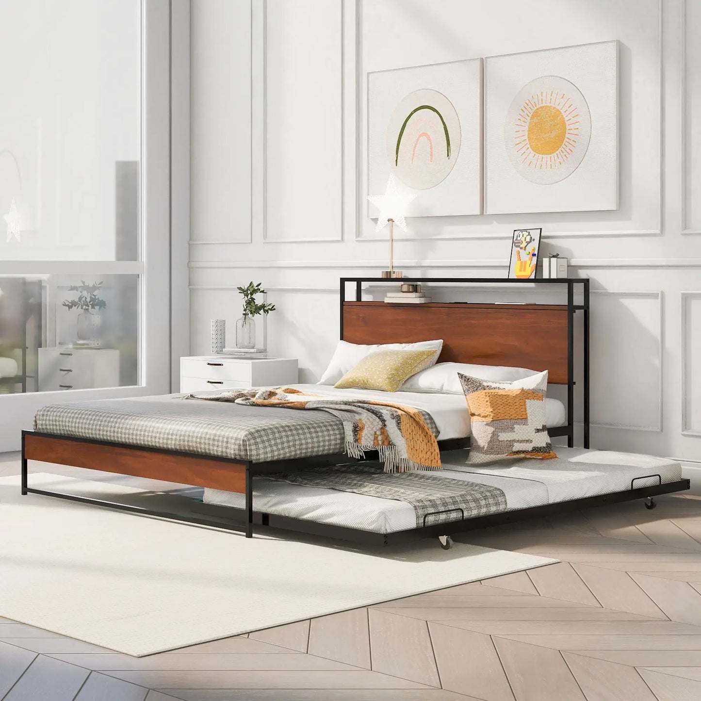 Platform Bed Frame With Trundle and USB Ports