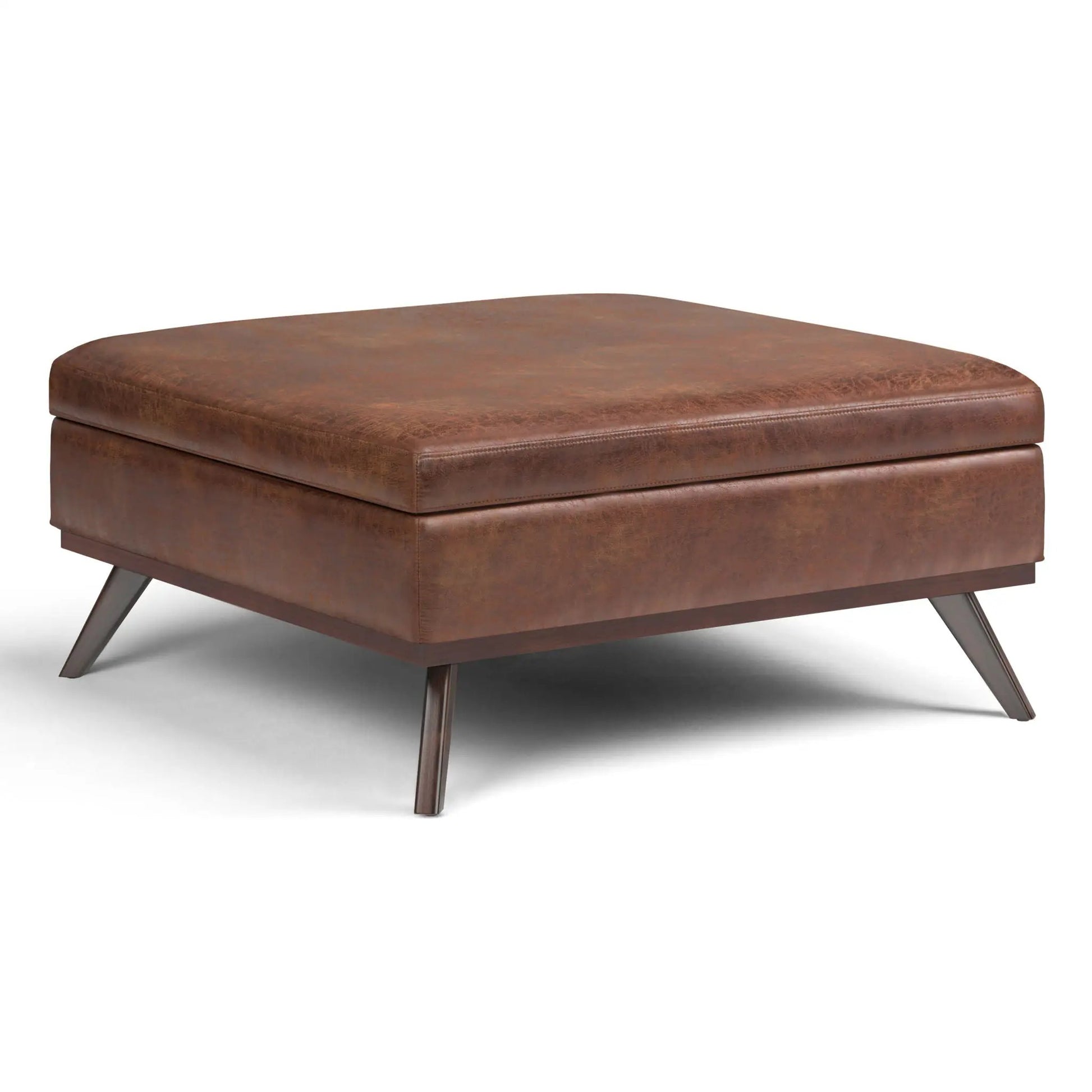 Owen square coffee table storage ottoman brown leather with angled wood legs Unique Piece on Tampa Home & Garden Store