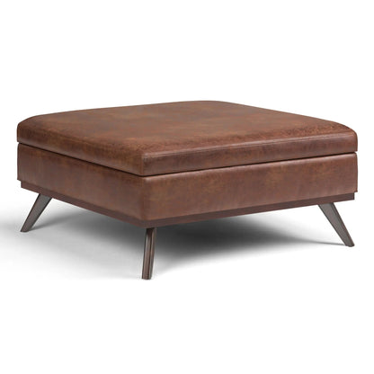 Owen square coffee table storage ottoman brown leather with angled wood legs Unique Piece on Tampa Home & Garden Store