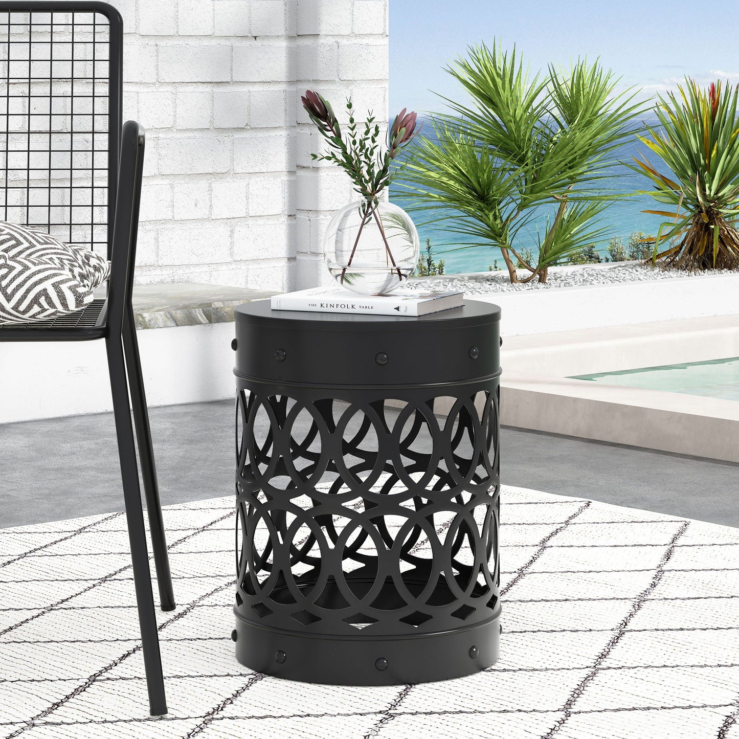 Large Outdoor Metal End Table with Floral Cut