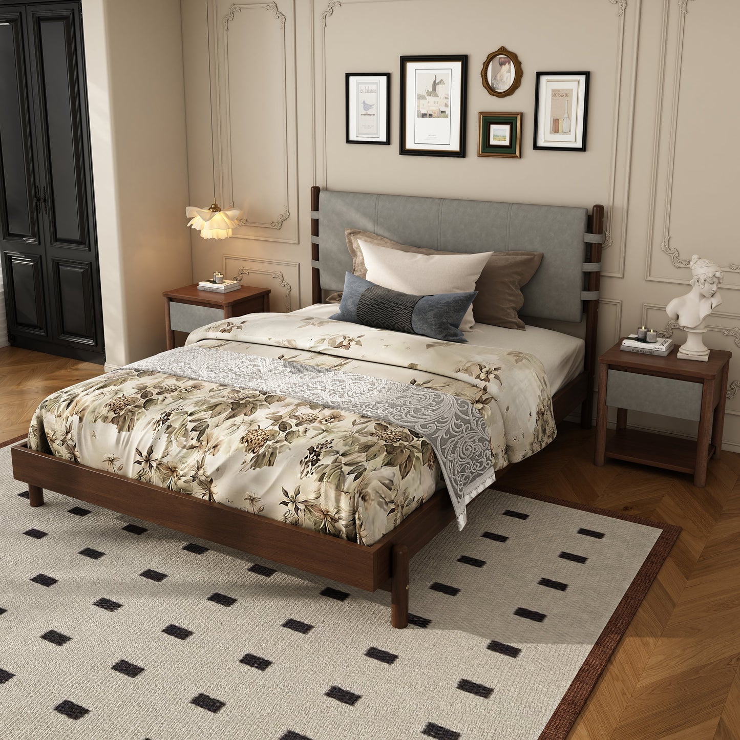 Modern Queen Bed Frame and Two Nightstands