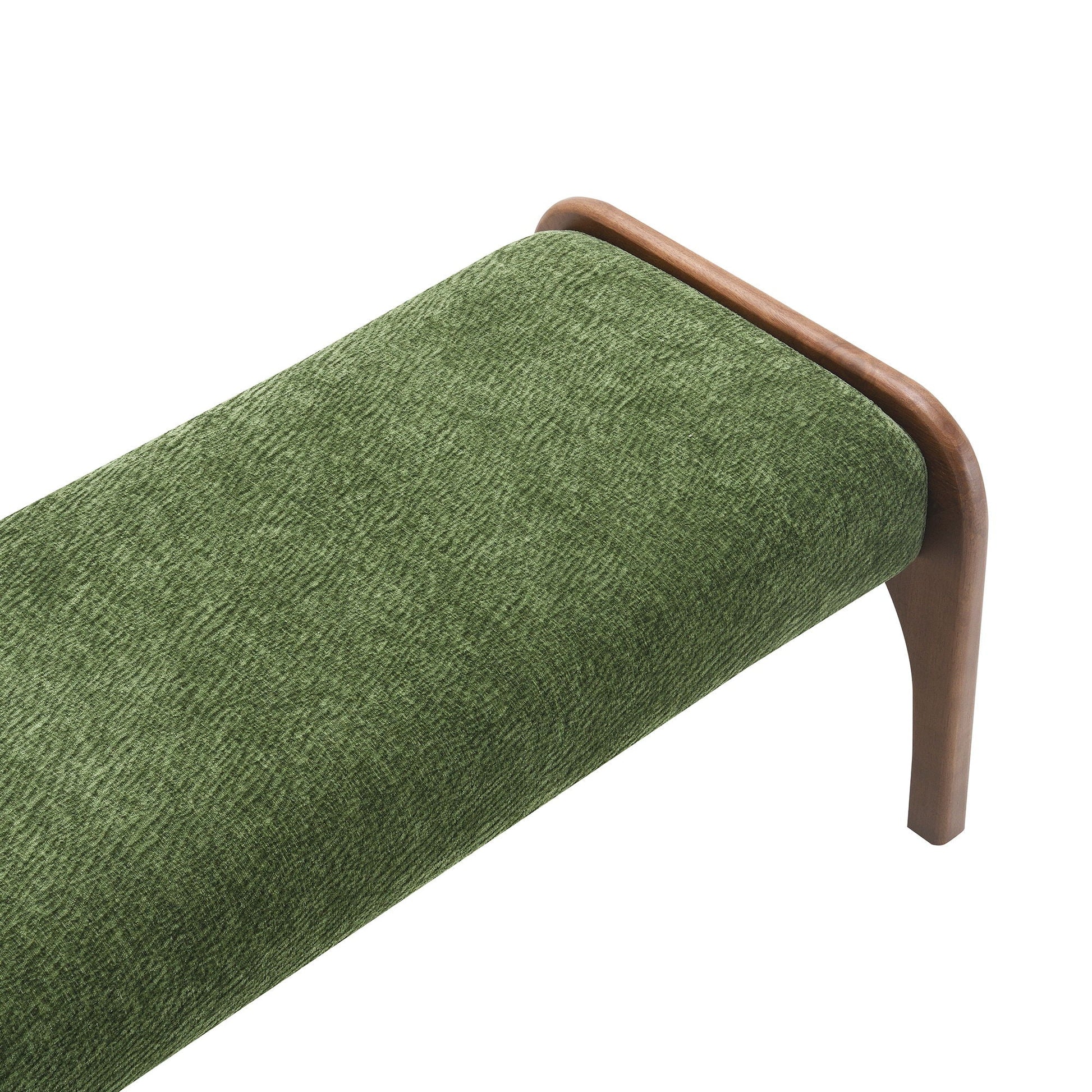 Modern upholstered long kitchen bench in green textured fabric with curved wooden legs on Tampa Home & Garden Store