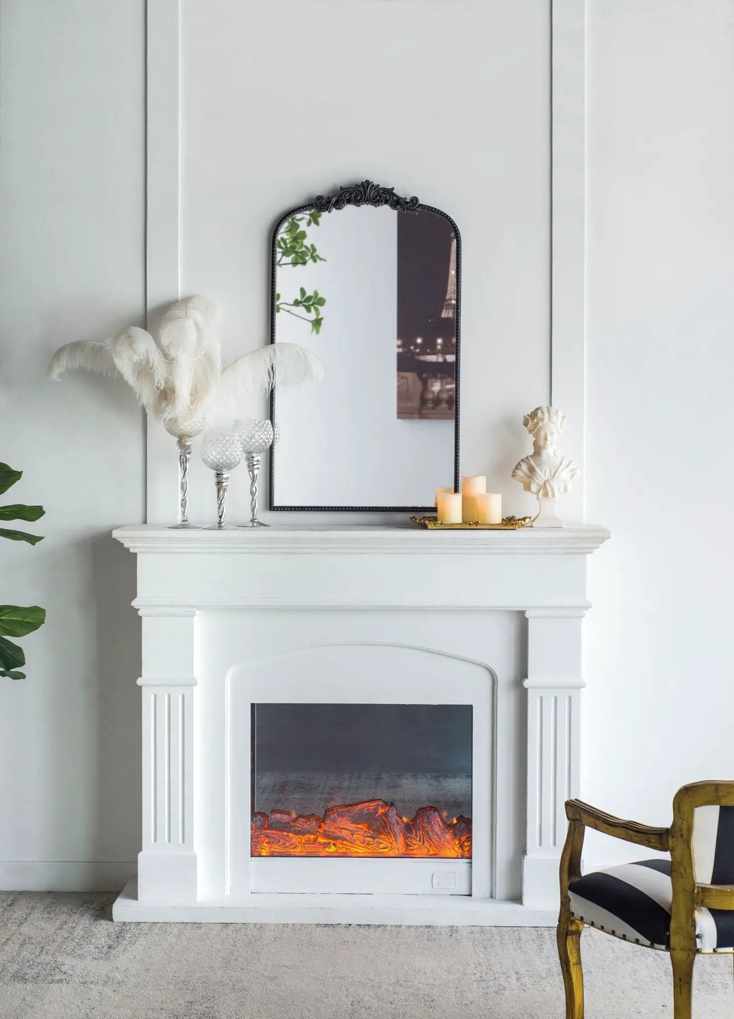 Arch Mirror with black Baroque frame on white mantel, candlestick trio by Unique Piece Furniture on Tampa Home & Garden Store