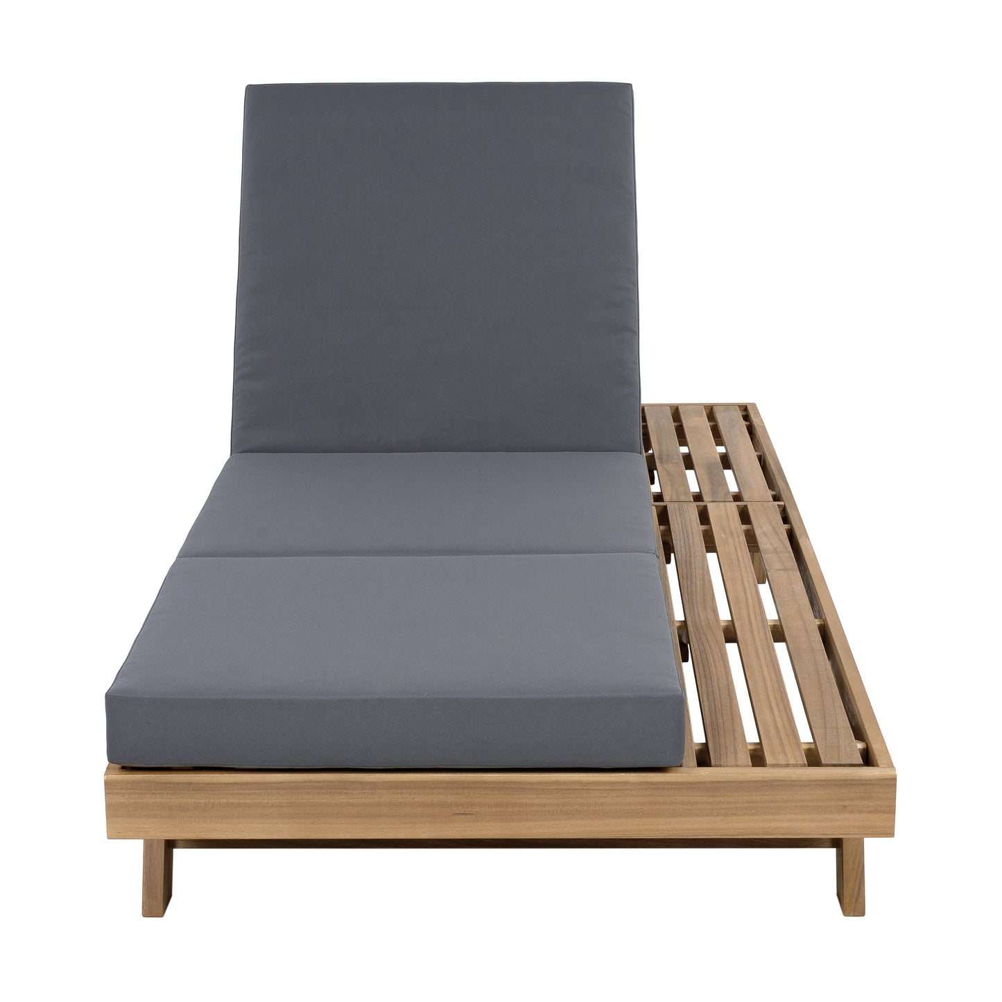 Outdoor lounge chaise by HouseOfZazla with gray cushions wooden frame space on one side on Tampa Home & Garden Store