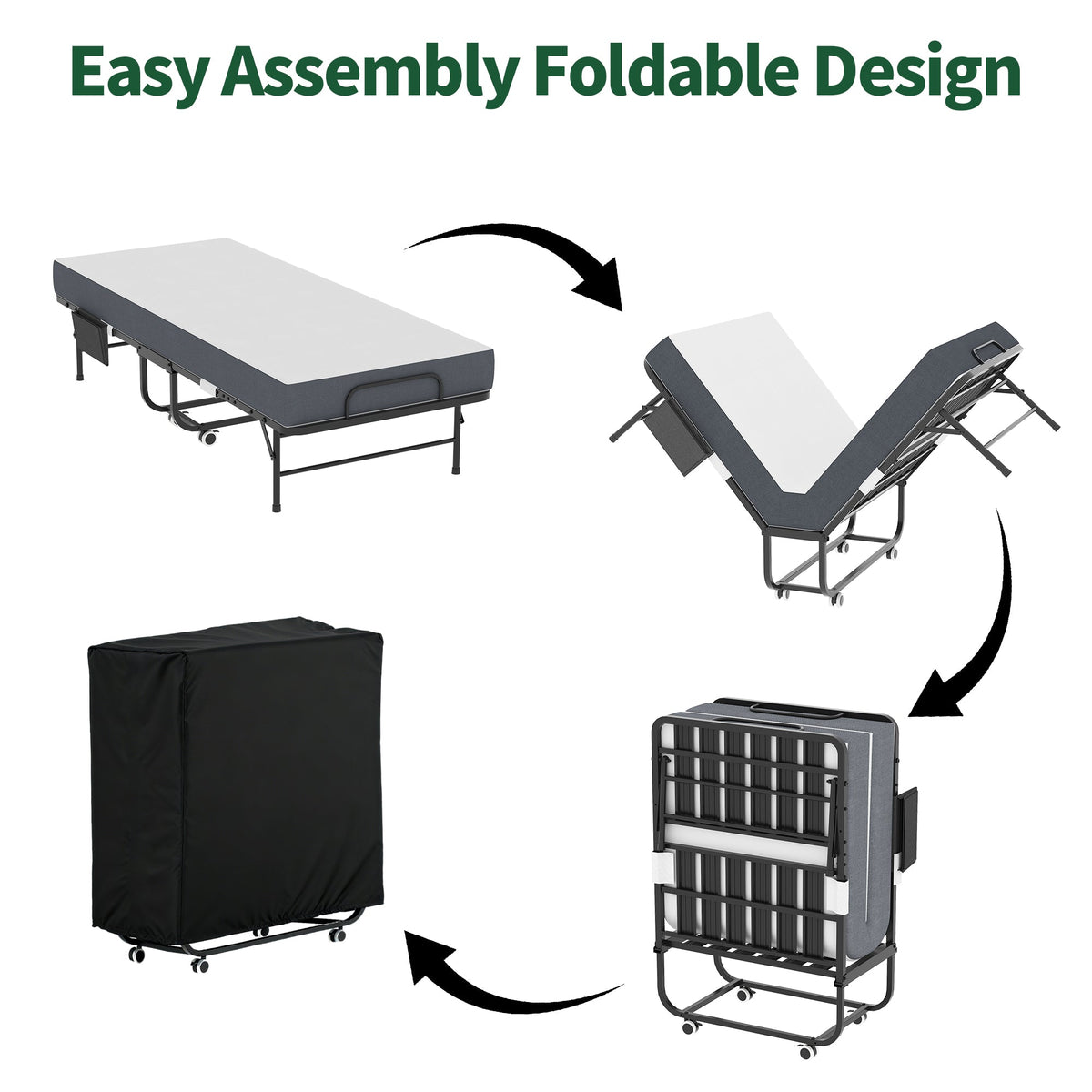 75 Inch Folding Bed with 5 Inch Memory Foam Mattress HouseOfZazla foldable bed with wheels on Tampa Home & Garden Store