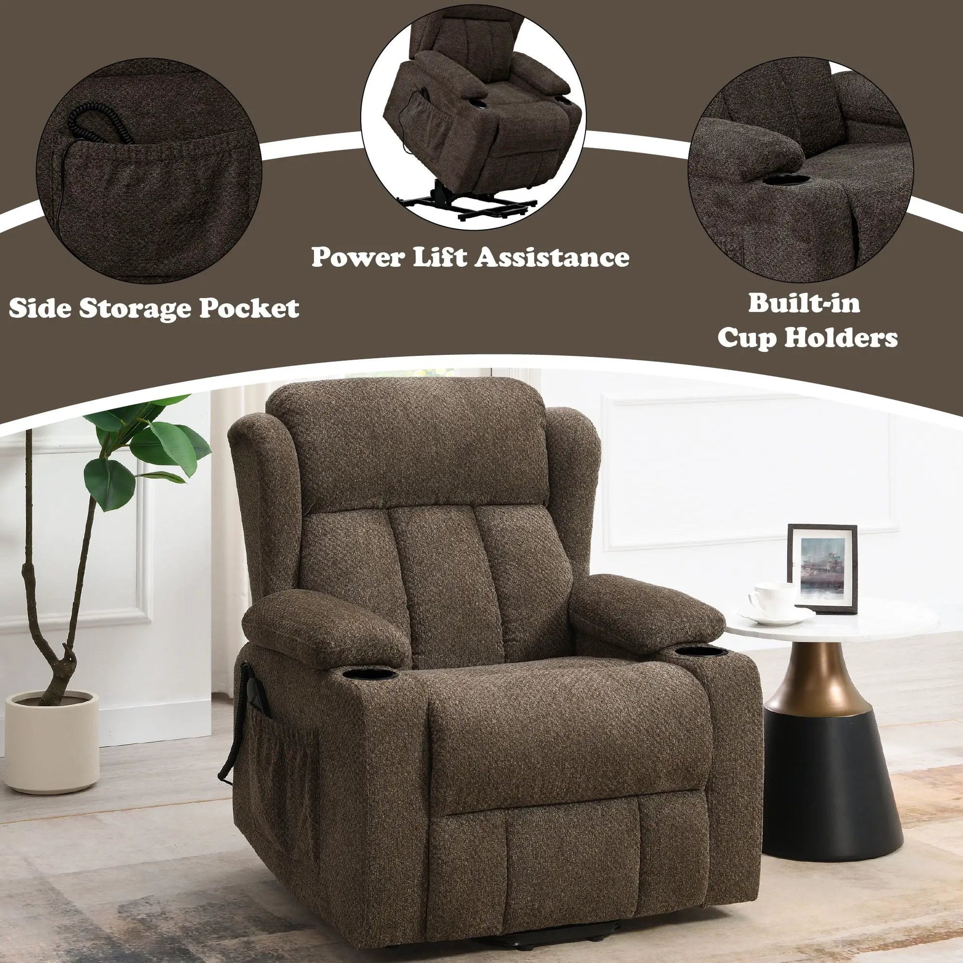 Lusio Power Motion Recliner With Lift & Cup Holders in brown fabric with side storage pocket on Tampa Home & Garden Store