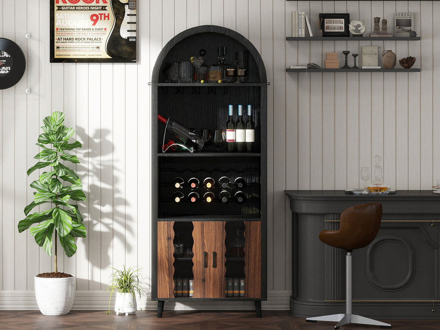 71' Farmhouse Arched Wine Bar Cabinet HouseOfZazla dark wood with wine rack on Tampa Home & Garden Store