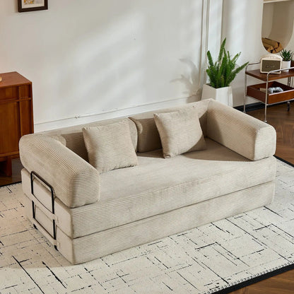 Convertible sleeper sofa bed with metal frame in beige ribbed fabric and cylindrical pillow on Tampa Home & Garden Store
