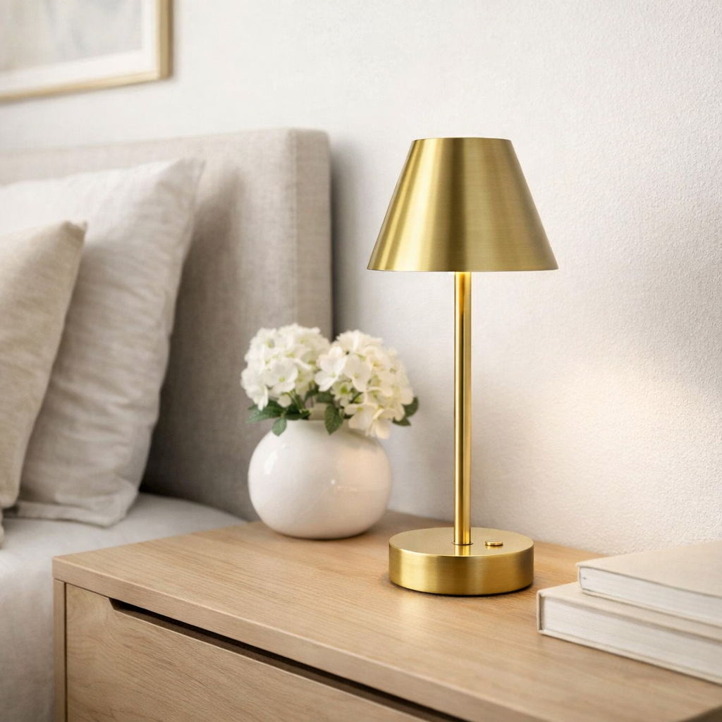 Elegance rechargeable LED table lamp in brushed gold with a touch switch on a wood bedside table on Tampa Home & Garden Store