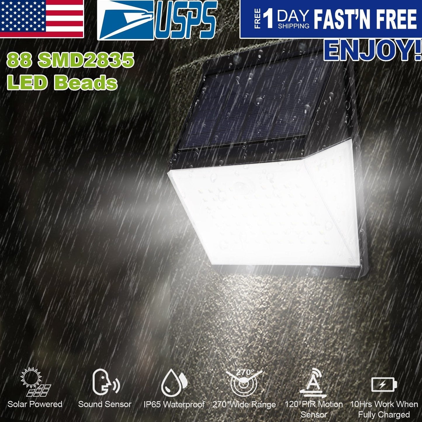 Solar LED wall light with 88 LEDs, motion sensor, 270° range, IP65 waterproof on Tampa Home & Garden Store