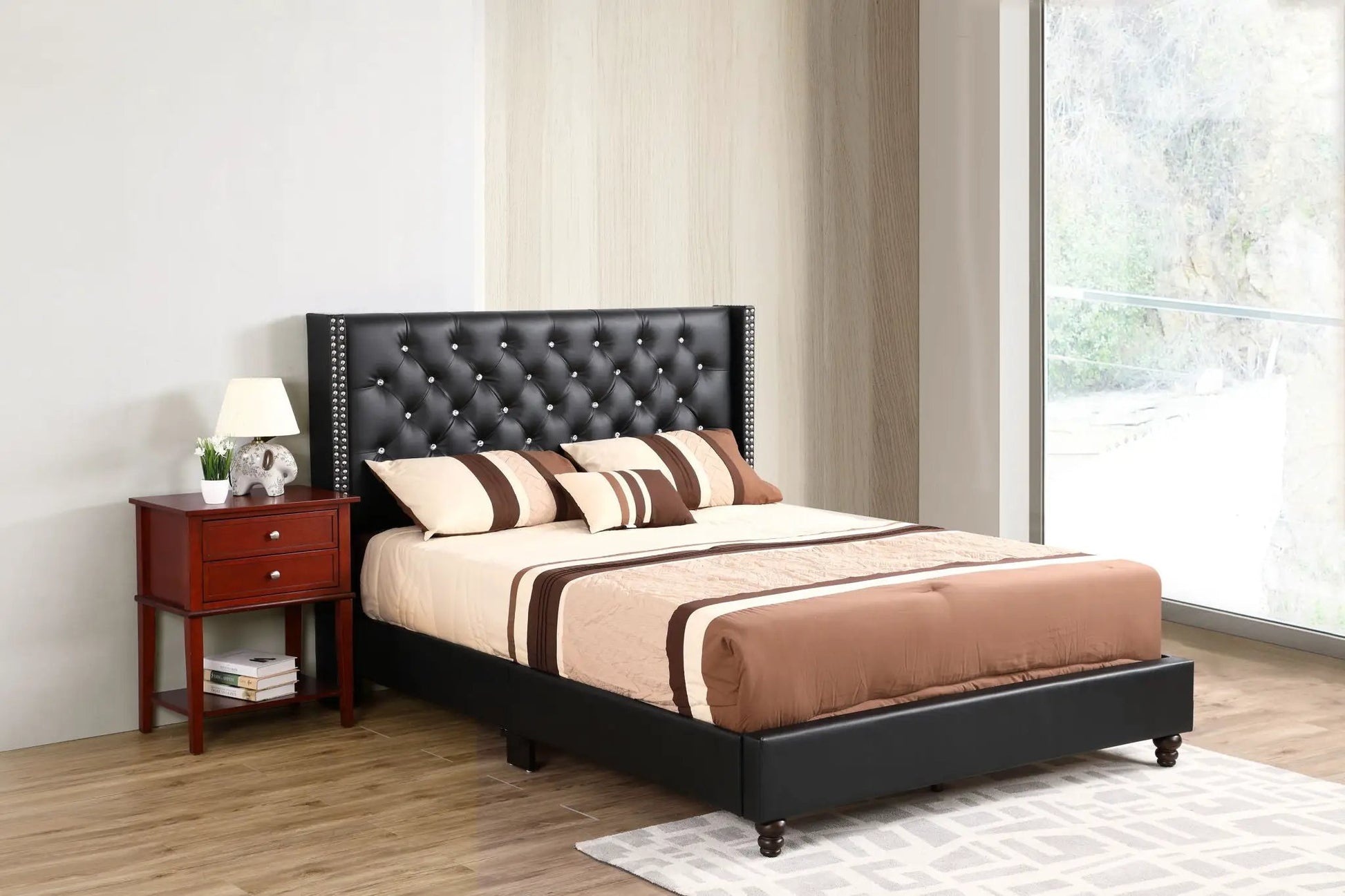 Upholstered Nailhead Trim Chic Bed with tufted black headboard Unique Piece Furniture on Tampa Home & Garden Store