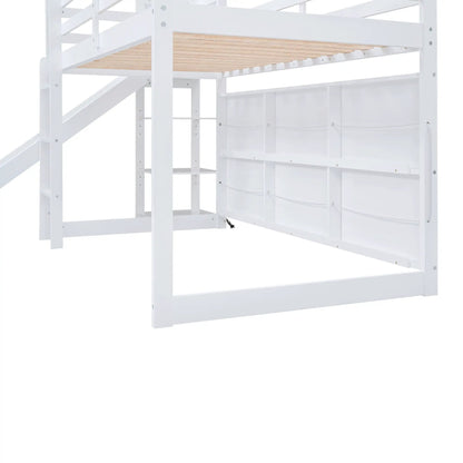 House Loft Bed with Slide and Storage Shelves