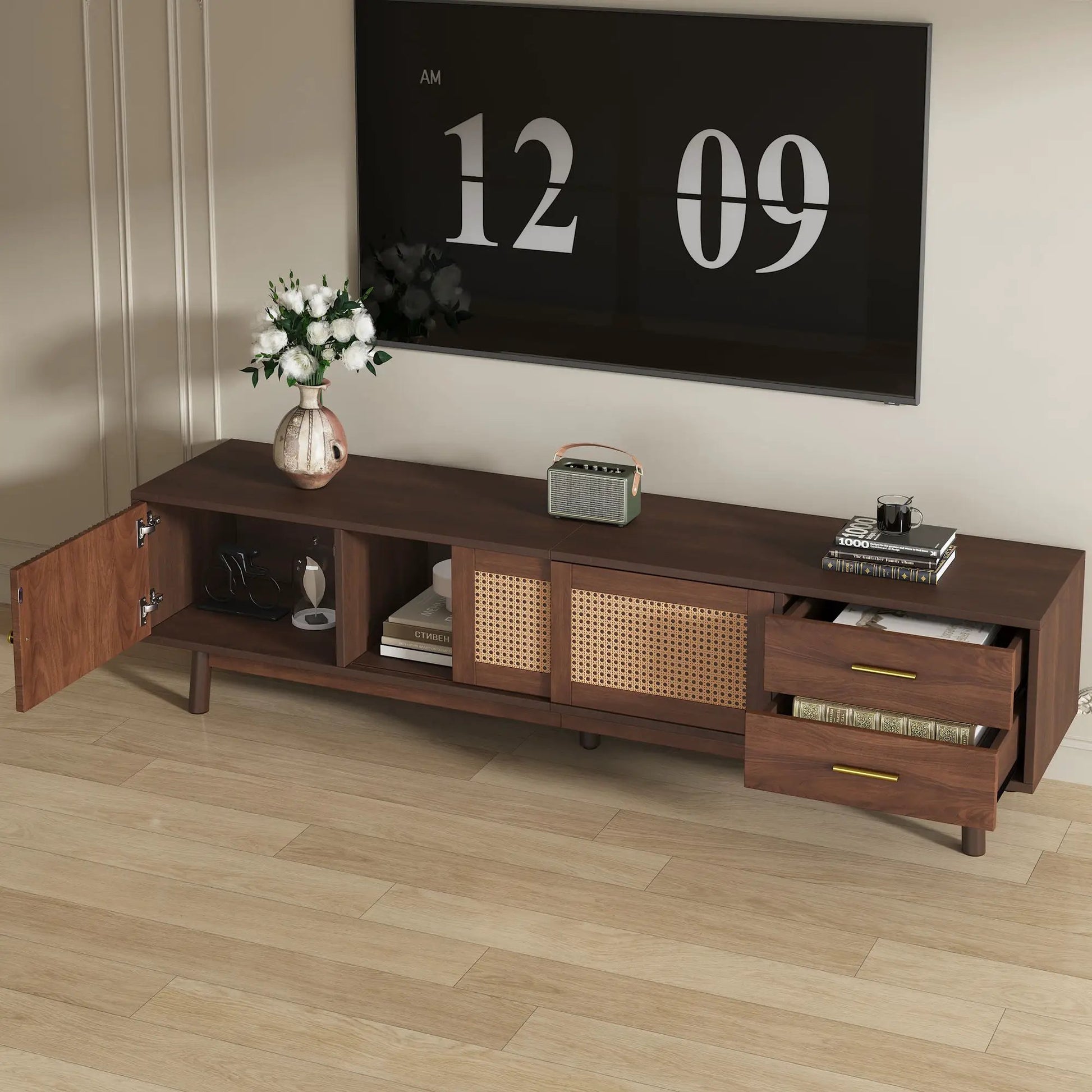 TV stand for 80-inch TVs with sliding doors and drawers in dark brown wood, accent storage unit on Tampa Home & Garden Store