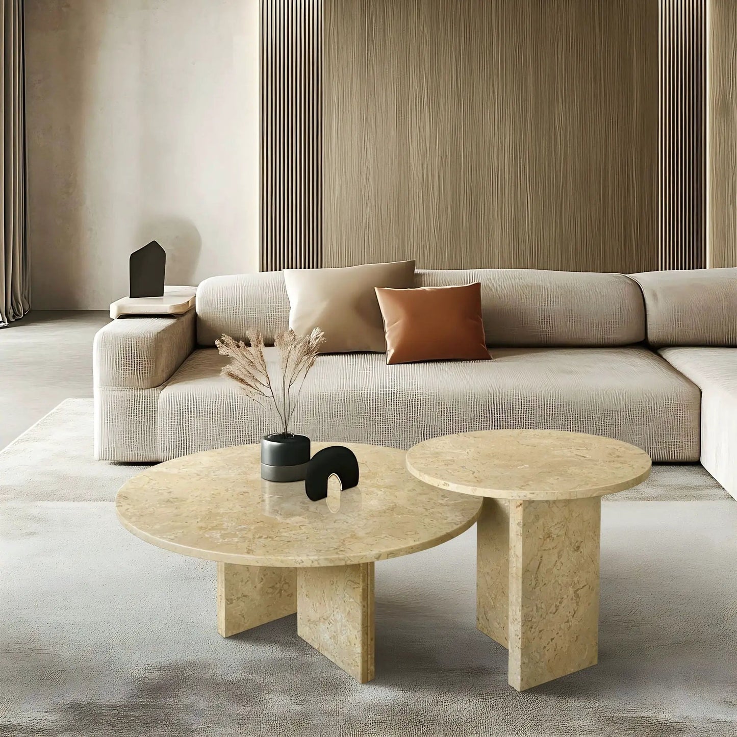 Elegant Coffee Duo Table Set Unique Piece; beige marble tops with pedestal bases pair on Tampa Home & Garden Store