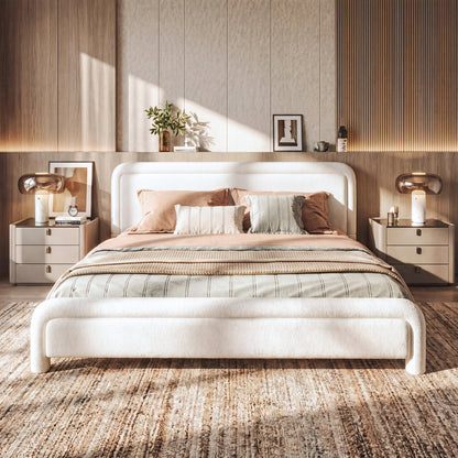 King size bouclé upholstered platform bed with curved headboard; white frame and two nightstands on Tampa Home & Garden Store