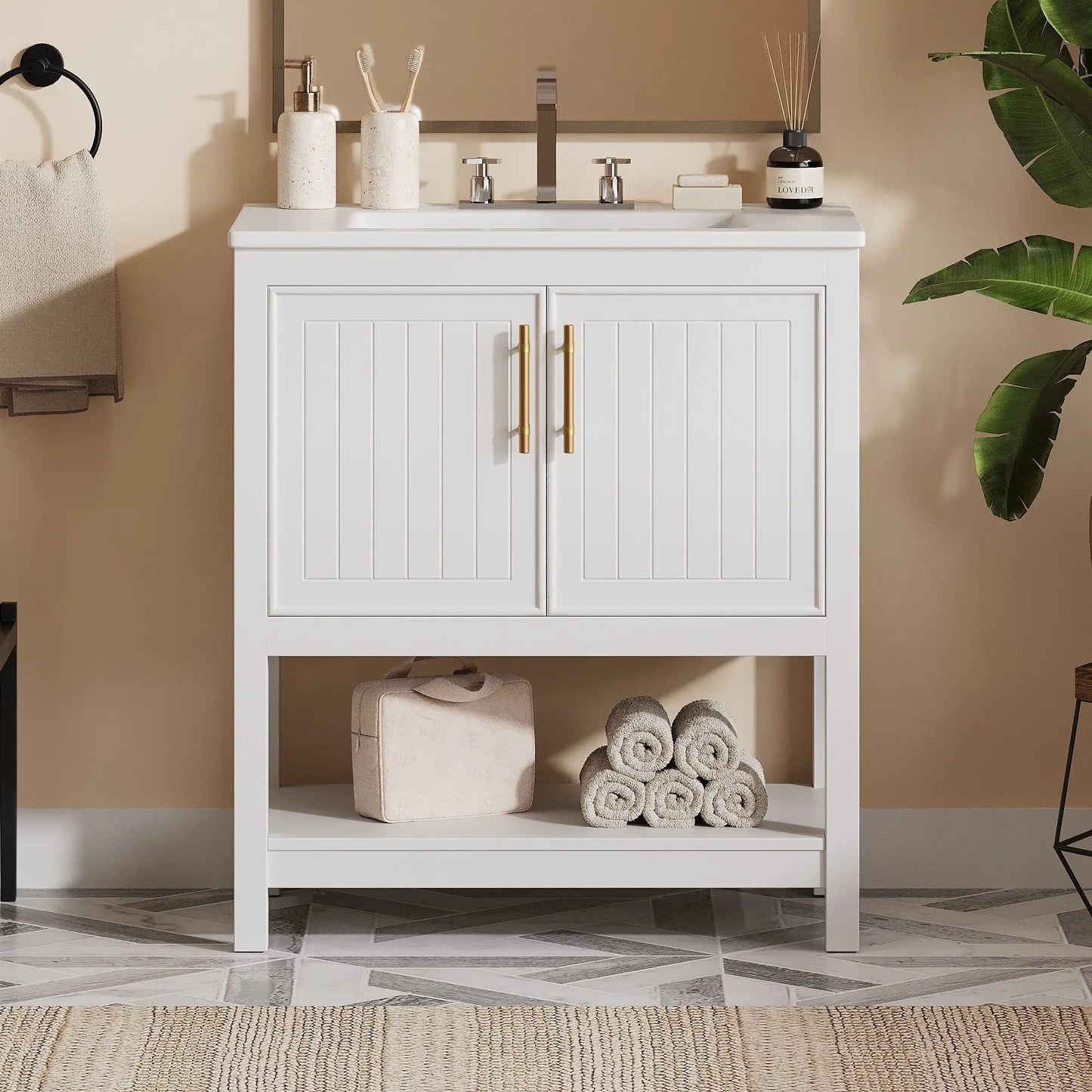 Elegant Vanity with Ceramic Sink and Storage