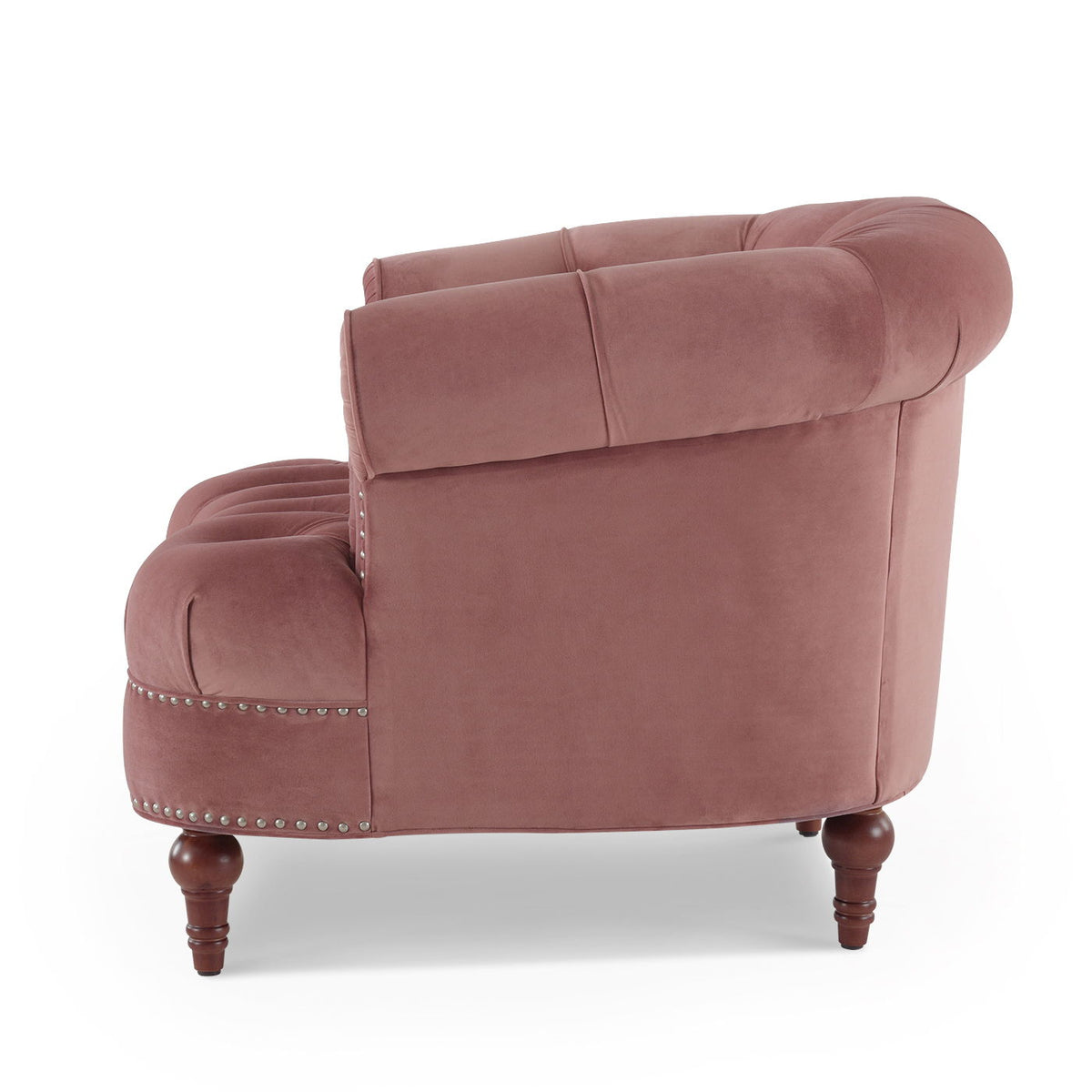 Victorian tufted pink velvet accent chair with nailhead trim and wood legs on Tampa Home & Garden Store