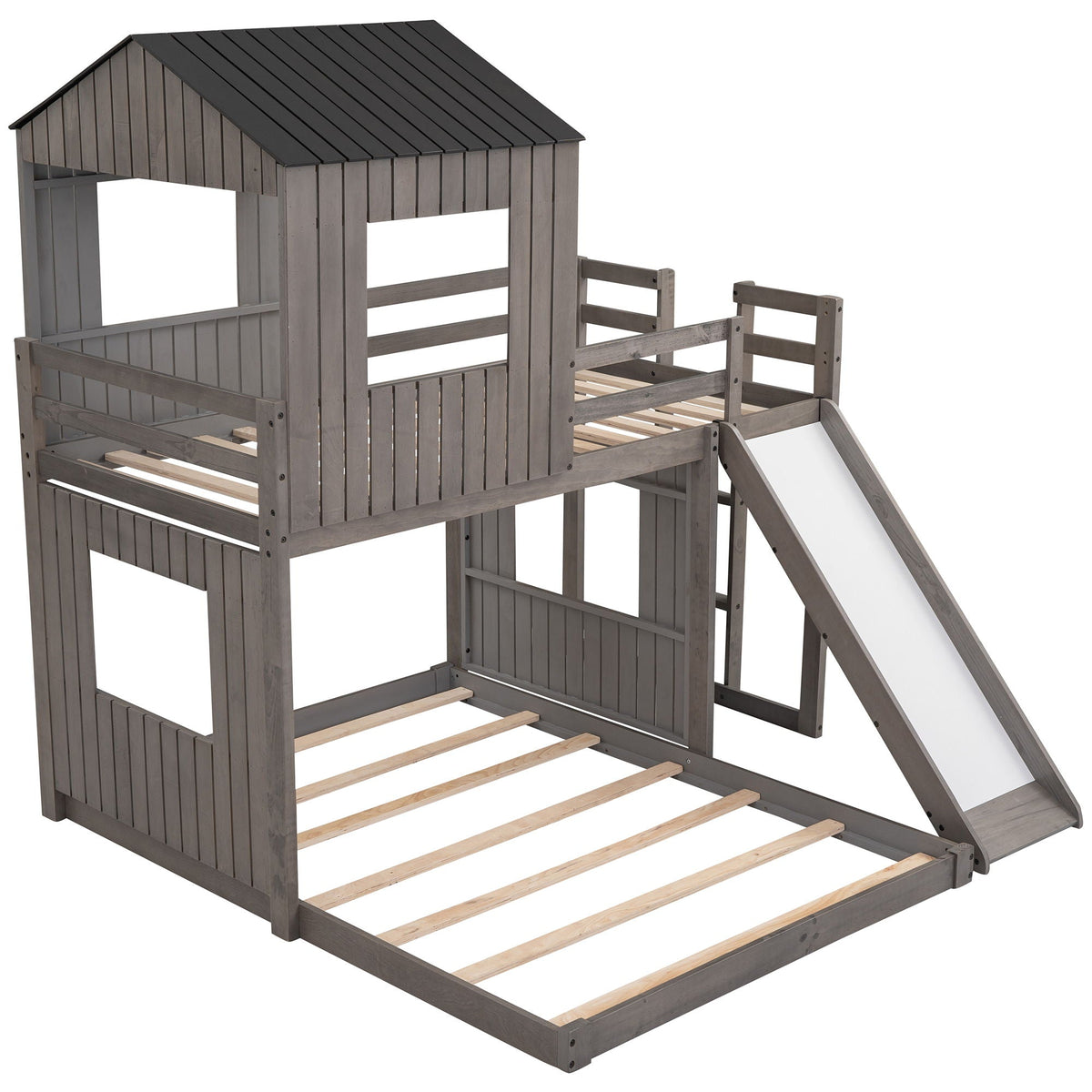 Loft bunk bed with playhouse in gray wood, includes slide, ladder and guardrails on Tampa Home & Garden Store