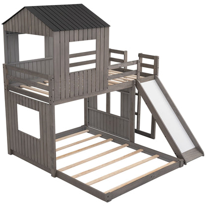 Loft bunk bed with playhouse in gray wood, includes slide, ladder and guardrails on Tampa Home & Garden Store