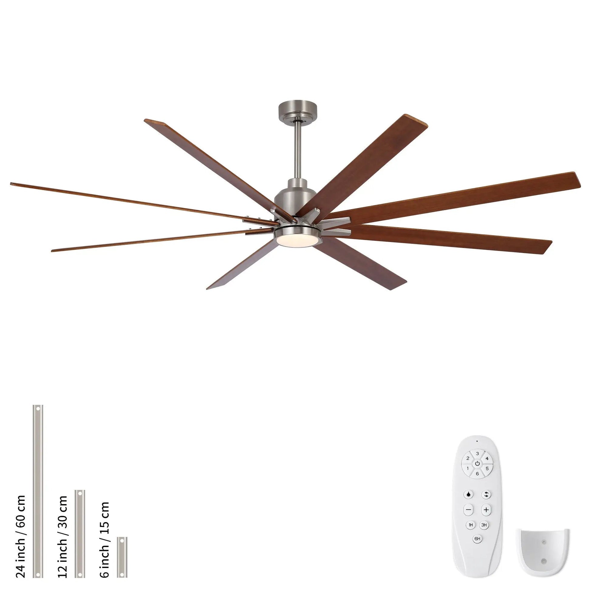 Oversized ceiling fan with 8 wooden blades, dimmable LED light, brushed nickel hub, remote control on Tampa Home & Garden Store