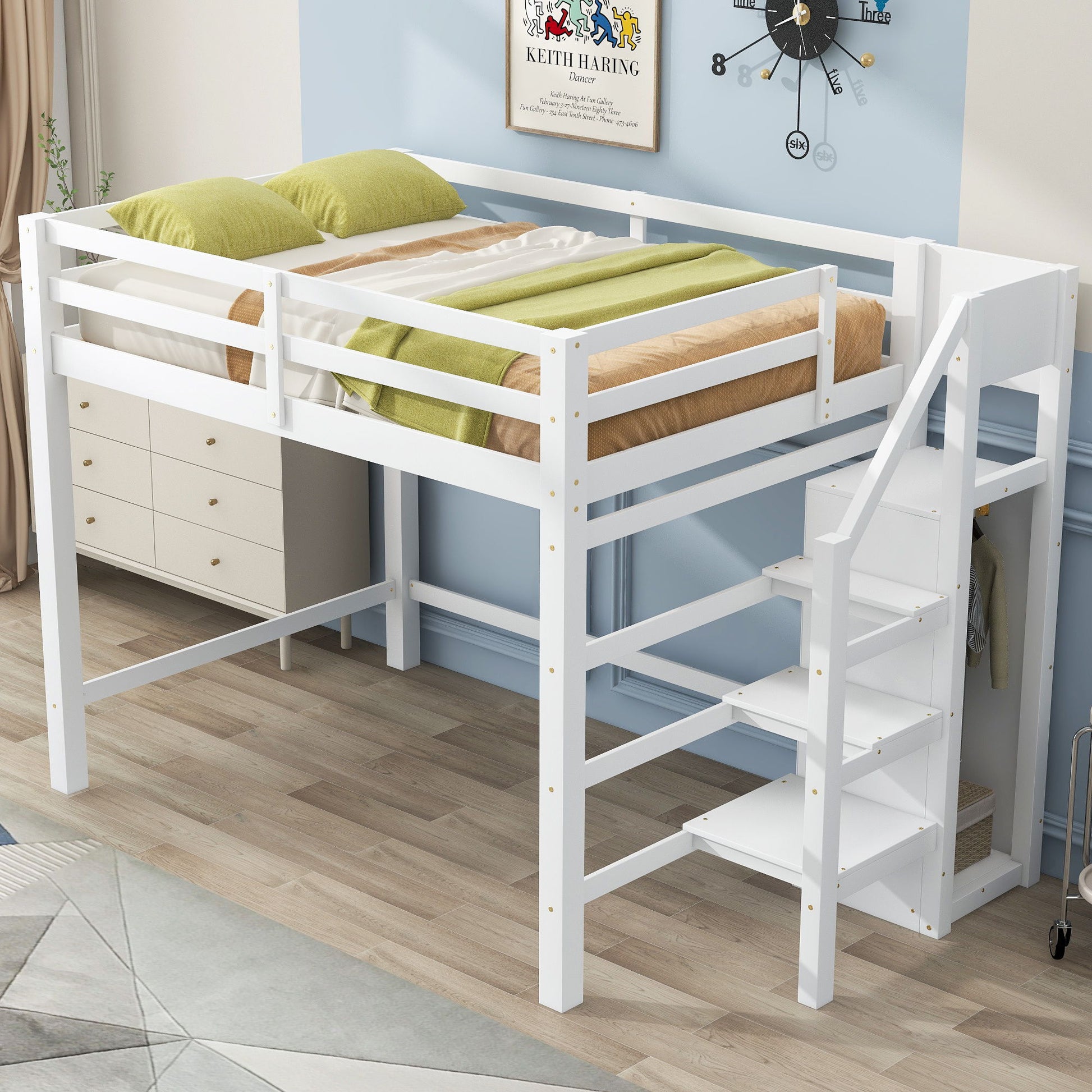 White loft bed with built-in wardrobe and staircase by HouseOfZazla; includes underbed storage drawers on Tampa Home & Garden Store