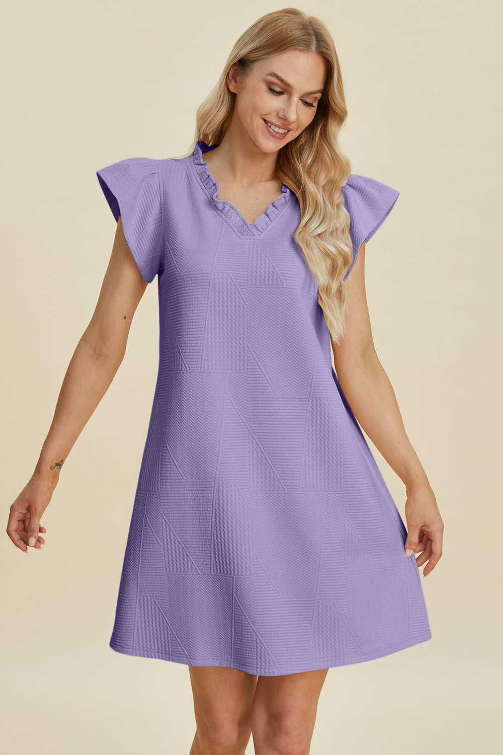 Double Take Full Size Ruffled V-Neck Cap Sleeve Dress lavender textured geometric pattern on Tampa Home & Garden Store