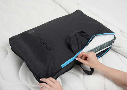 Bed Gear Performance Pillow Bag black bag with blue zipper and backrest pillow inside on Tampa Home & Garden Store