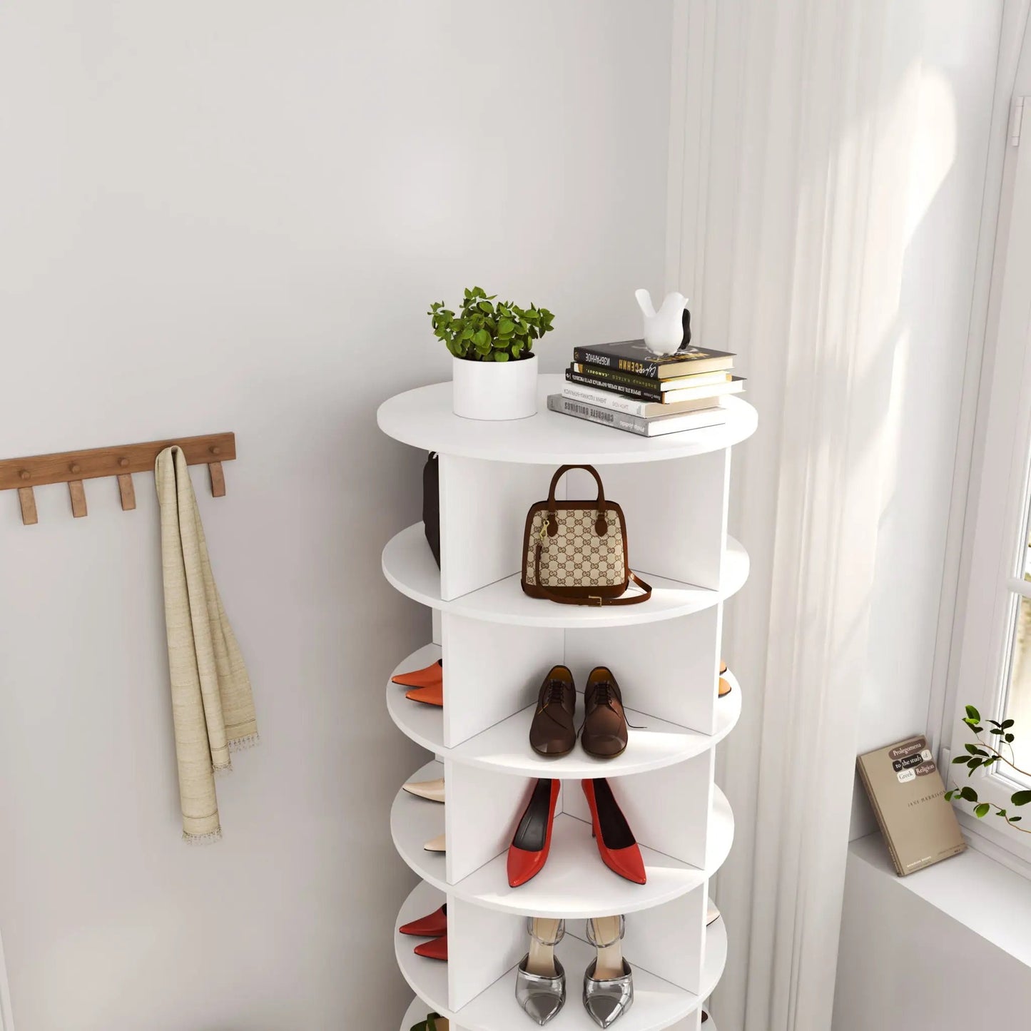 360 Rotating Shoe Cabinet 6 Layers, white six-tier rack with heels and flats on Tampa Home & Garden Store