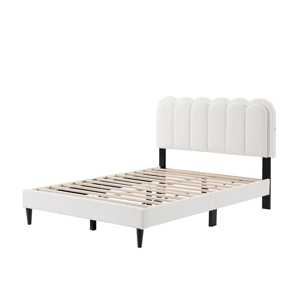 Lambswool Petal Headboard Bed Frame white upholstered with petal design and black legs on Tampa Home & Garden Store