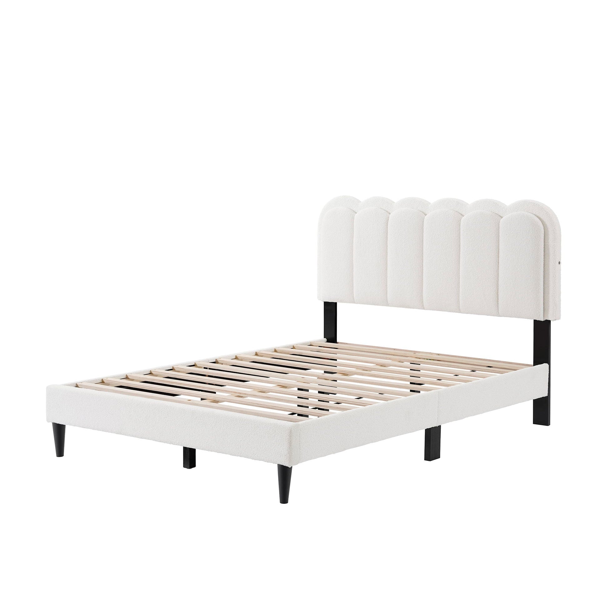 Lambswool Petal Headboard Bed Frame white upholstered with petal design and black legs on Tampa Home & Garden Store