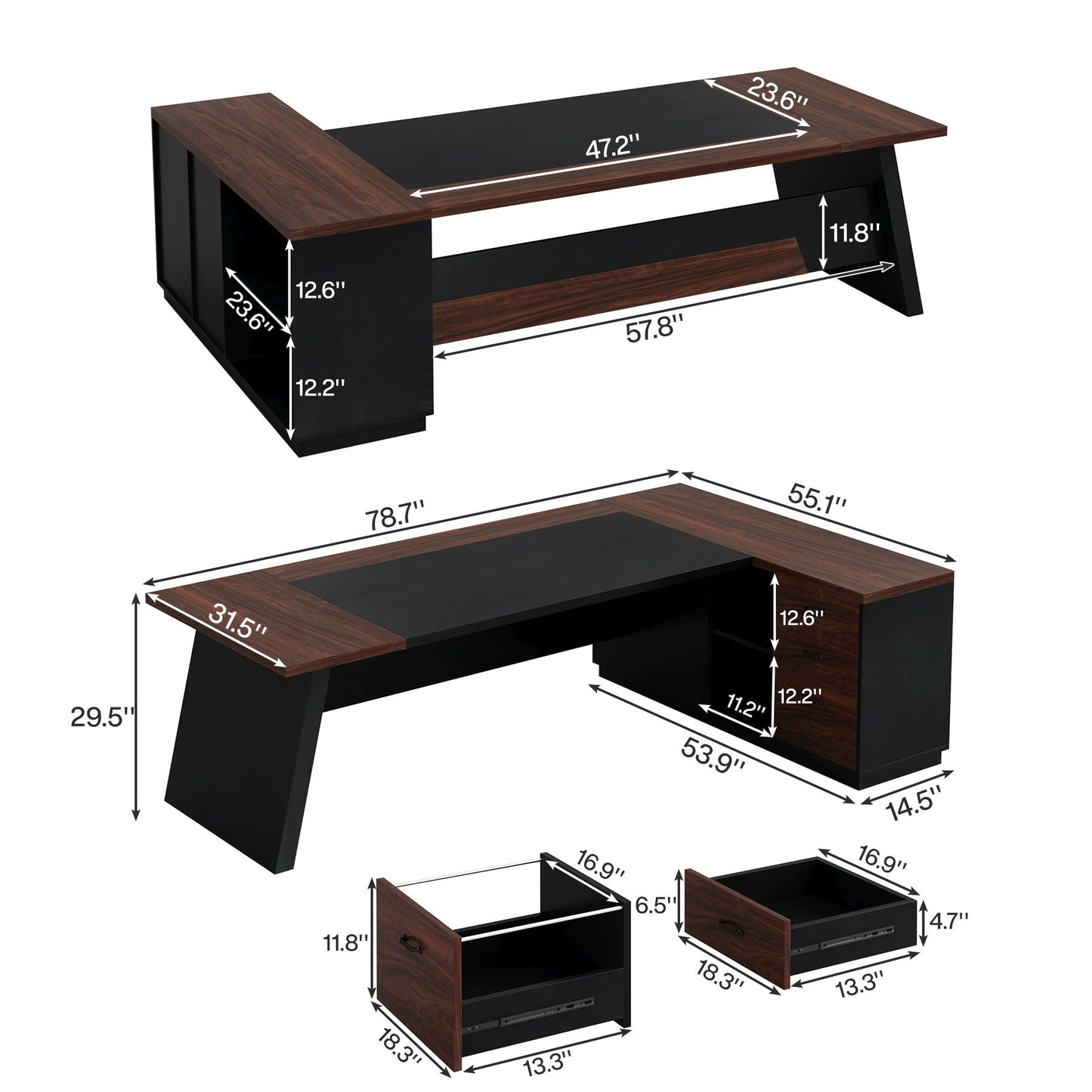 L-shaped executive desk with dark wood top and black base includes file cabinet by HouseOfZazla on Tampa Home & Garden Store