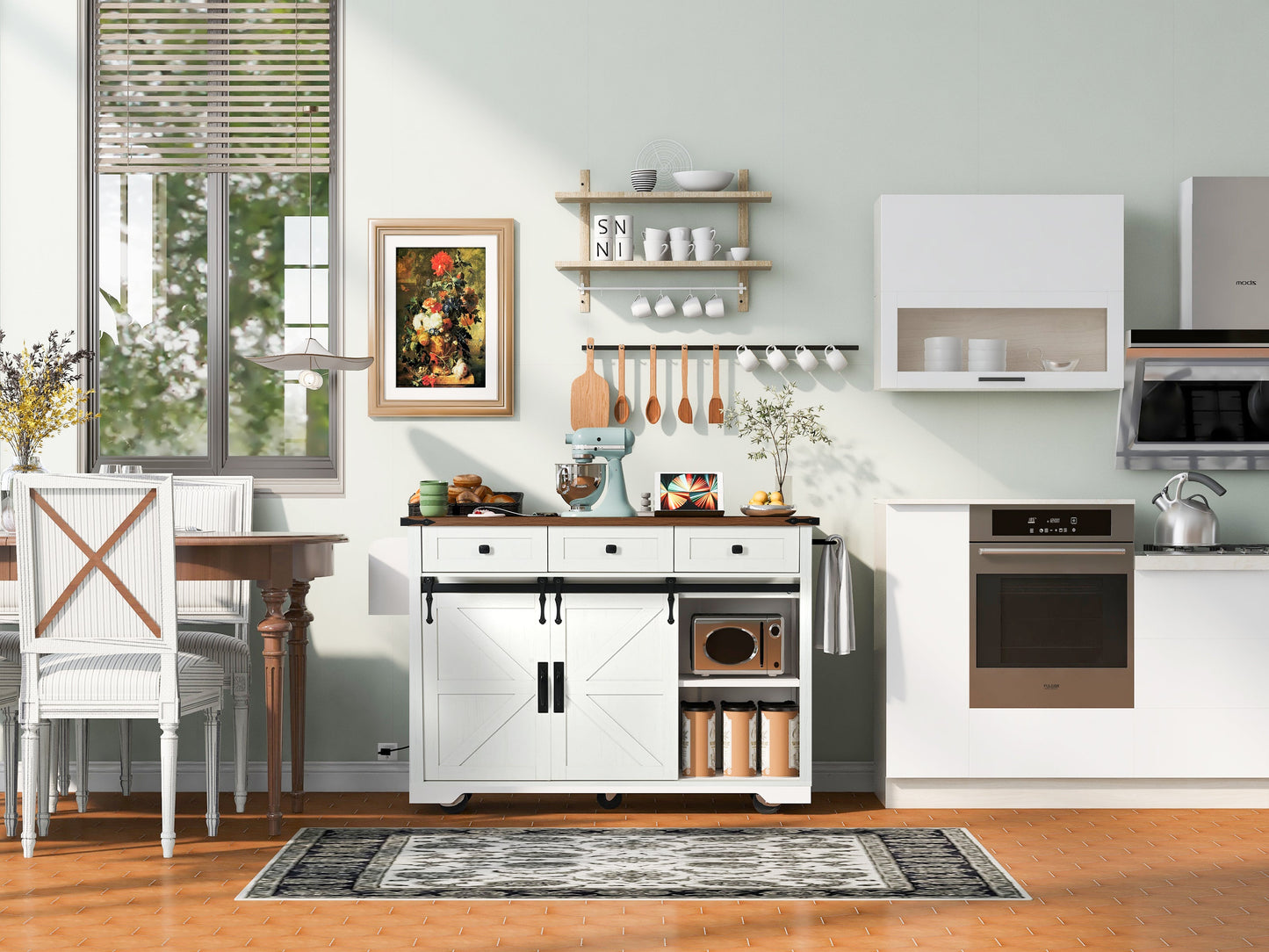 K&K 53.7in farmhouse kitchen island with wood top, built-in power outlet, white finish on Tampa Home & Garden Store