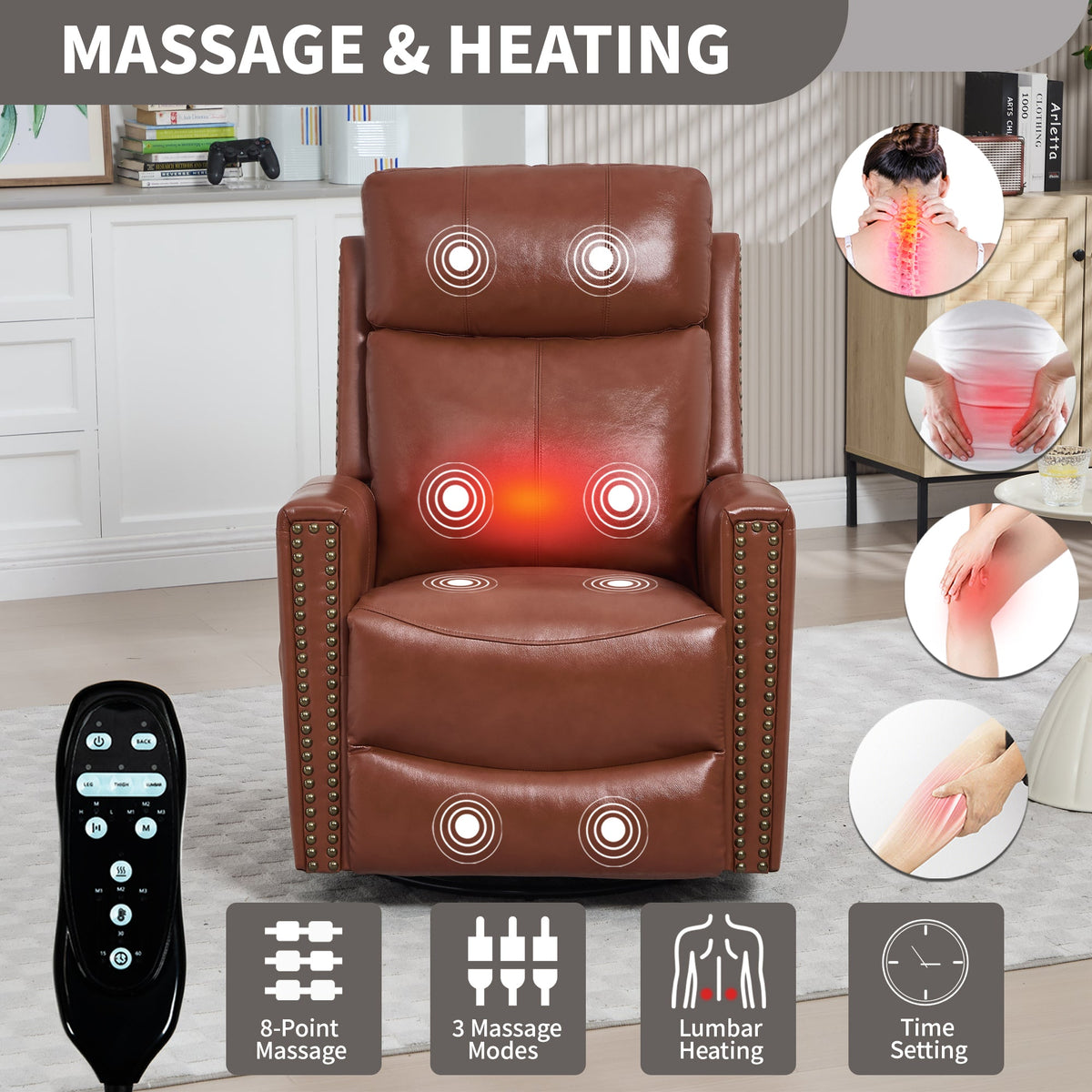 Red genuine leather heat massage manual recliner chair by HouseOfZazla with 8-Point Massage on Tampa Home & Garden Store