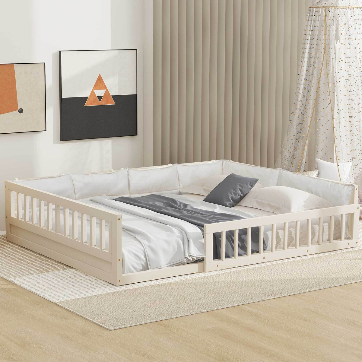 Wood full-size platform bed with guardrails, white bedding and gray pillows in modern bedroom on Tampa Home & Garden Store