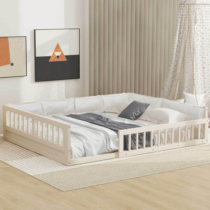 Wood full-size platform bed with guardrails, white bedding and gray pillows in modern bedroom on Tampa Home & Garden Store