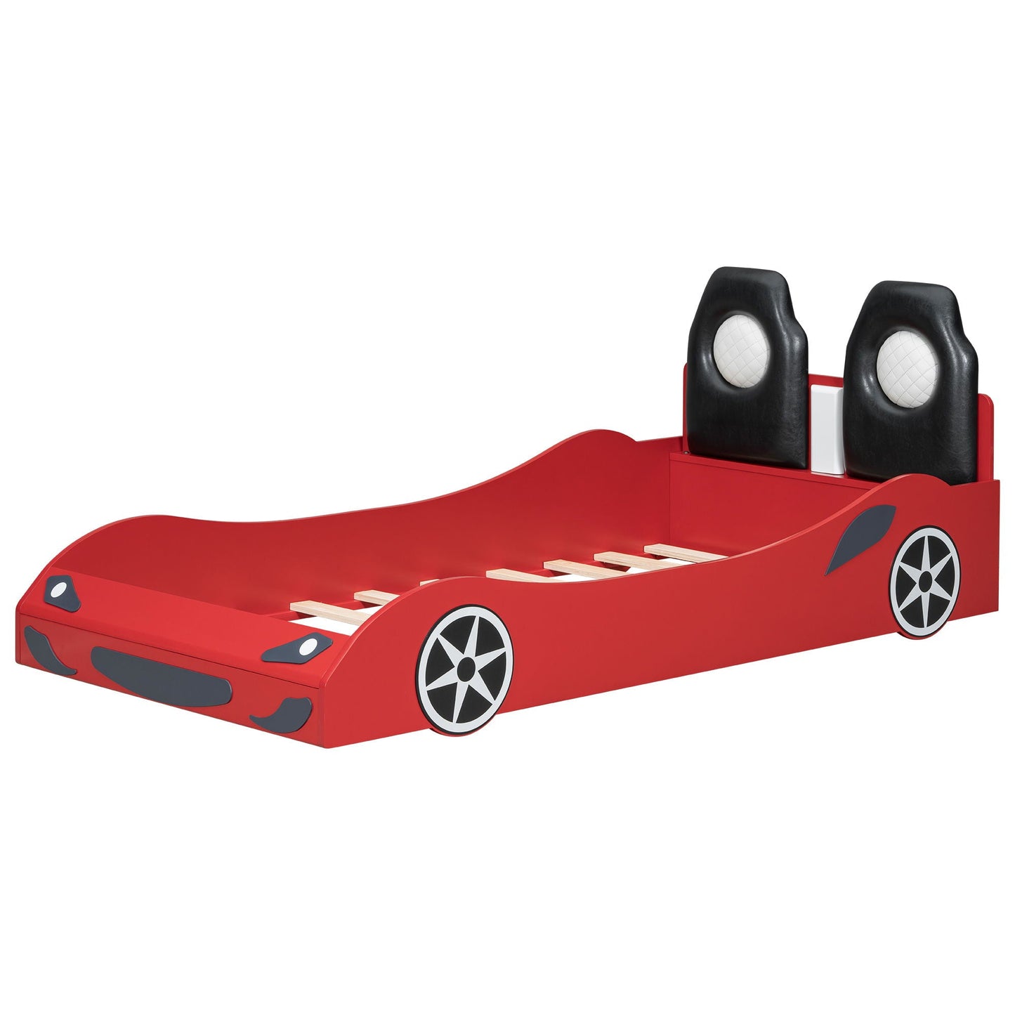 Race car shaped platform bed with black upholstered backrests and red chassis, wheel decals on Tampa Home & Garden Store