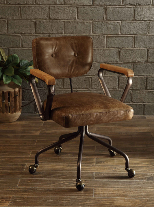 Hallie Vintage Whiskey top grain leather office chair with brown leather and wood armrests on Tampa Home & Garden Store