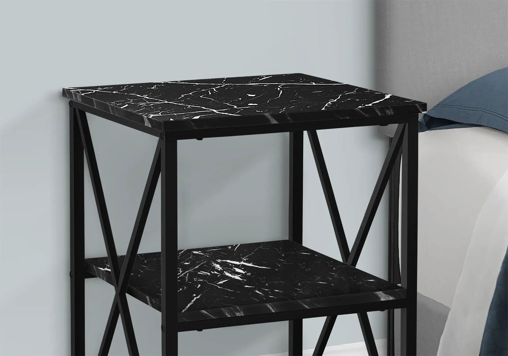3 Tier Accent Table with black marble look top and shelf, black metal frame Unique Piece on Tampa Home & Garden Store